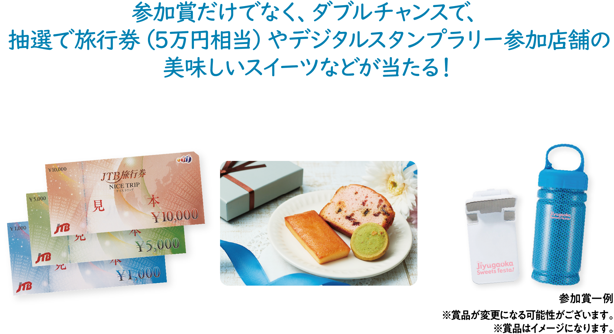 参加賞だけでなく、ダブルチャンスで、抽選で旅行券（5万円相当）やデジタルスタンプラリー参加店舗の美味しいスイーツなどが当たる！参加賞一例 ※賞品が変更になる可能性がございます。※賞品はイメージになります。